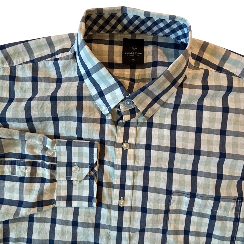Tailorbyrd Collection Mens XXL Plaid Button Down Shirt Navy Green Cotton L/S